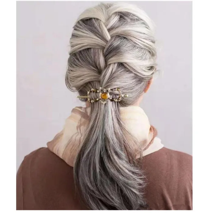 

Silver grey human hair ponytail hairpiece wraps natural highlight salt and pepper gray hair ponytail extension 120g