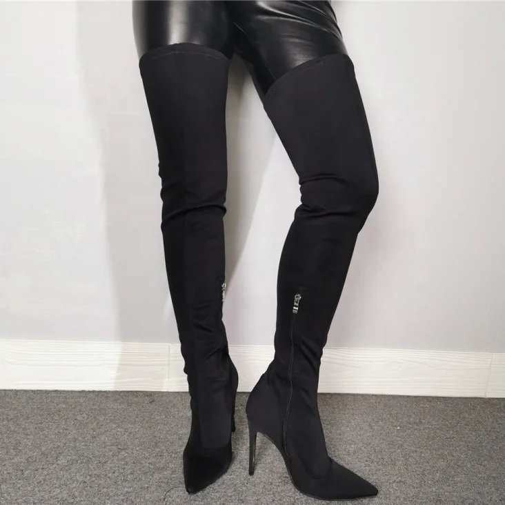 

2020 Autumn High Top Plus Size 47 Stretch Women Over Knee High Boots Side Zip Stiletto Lady Pointed Toe Thigh High Long Booties, Black