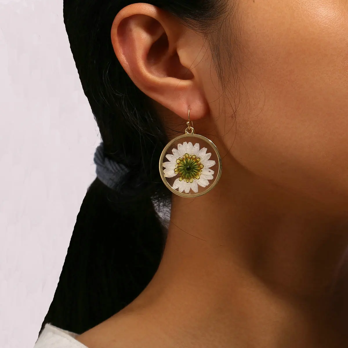

Custom Designs Handmade 2020 Culture Loop Wholesale Women Jewelry Plant Real Sunflower Daisy Crystal Flower Drop Earrings, Gold
