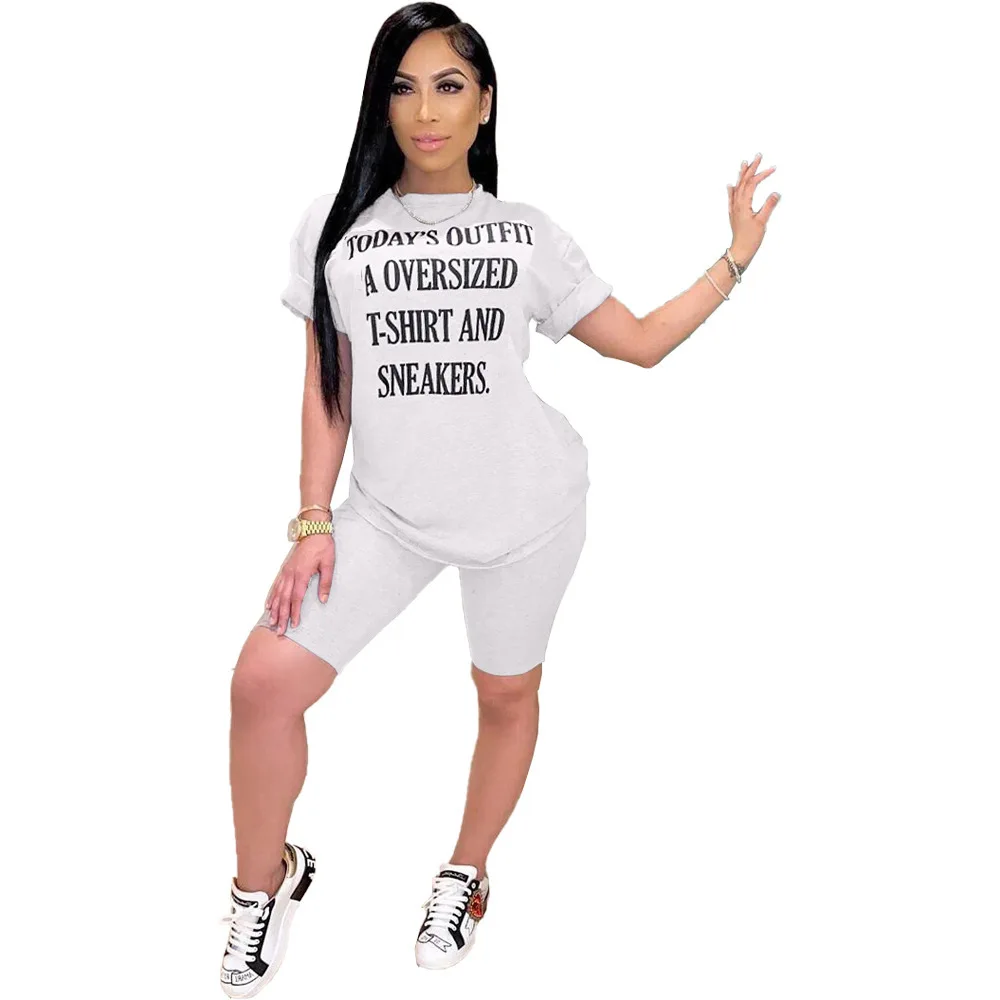 

custom fashion women casual shorts and letter printed t shirt wholesale womens 2 piece short set