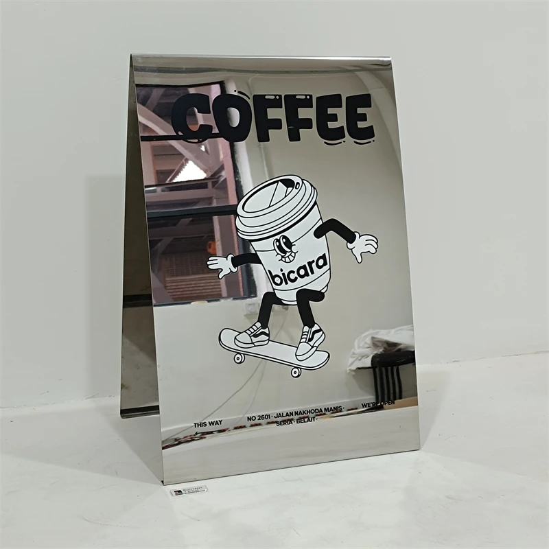 Custom Mirror a Frame Sign Commercial Double Sided Outdoor Floor Stand Advertising Metal Coffee Shop Mirror Sign Board
