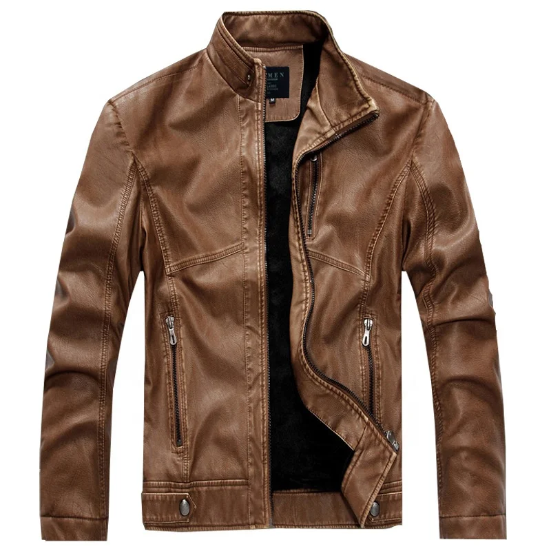 

2021 Hot sale men jacket cheap winter zipper pu motorcycle bike leather jaket men fleece lining plain color