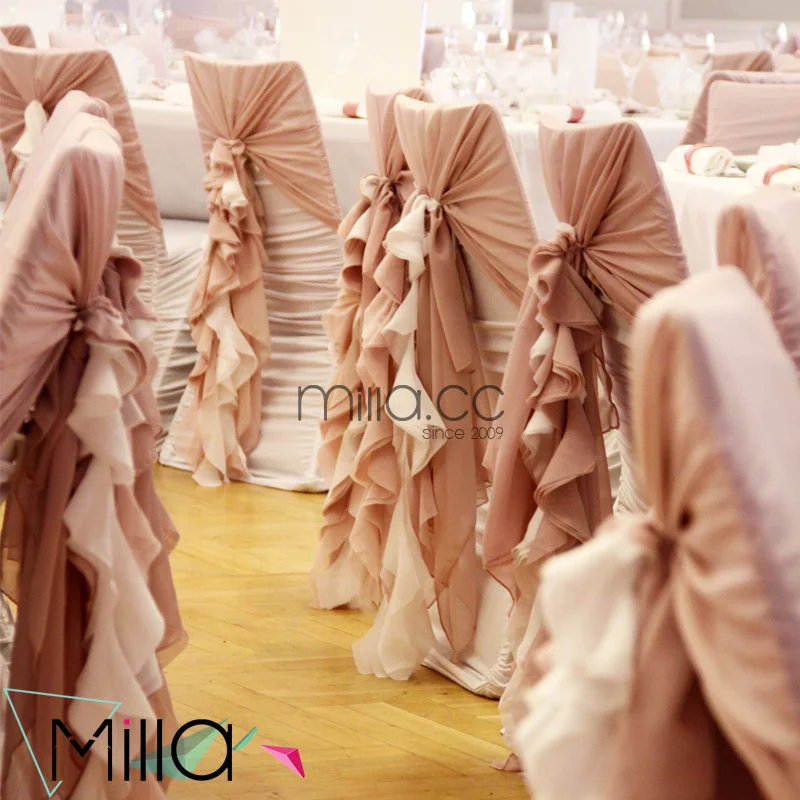 
Hot sale wholesale blush chiffon ruffled wedding chair cover sash hood 
