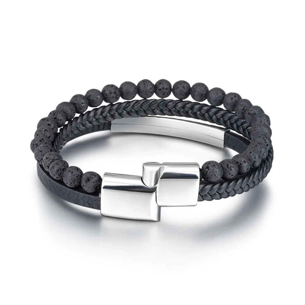 

Amazon multilayer braided leather titanium steel bracelet male volcanic stone Beaded stainless steel men's Bracelet