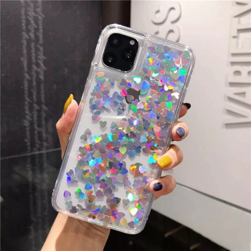 

Glitter Love Heart Sequins Quicksand Phone Case For iPhone 12 Pro Max XR XS Max Dynamic Liquid Case For 11 Pro