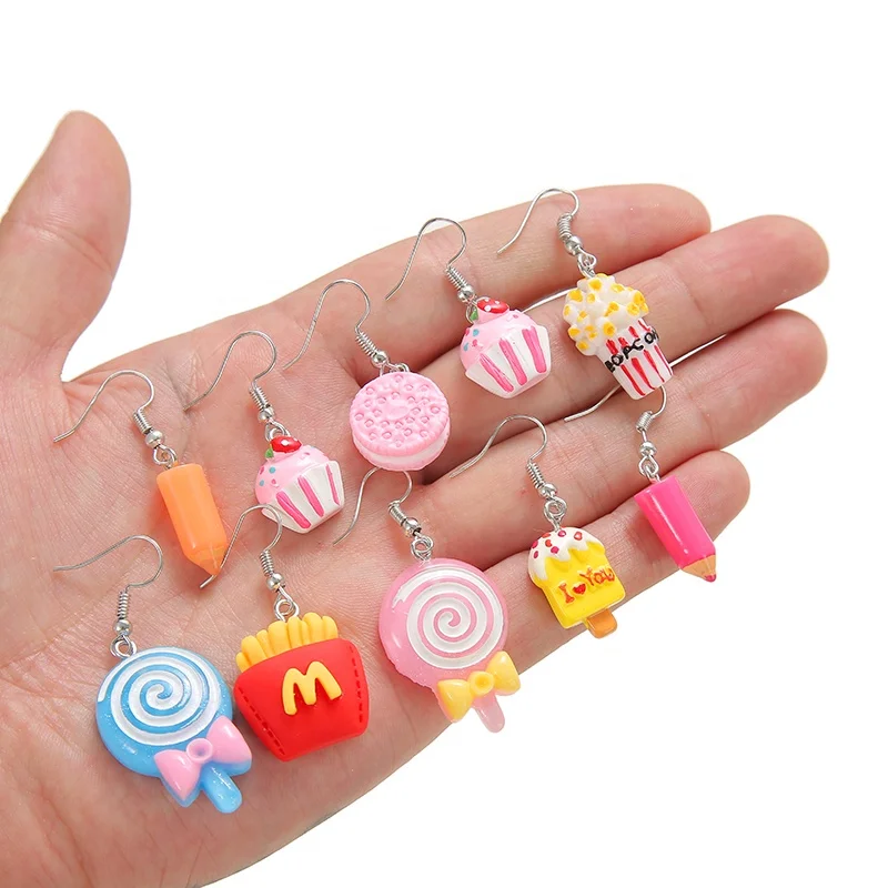 

New DIY 3D kawaii Resin Dangle Earrings lollipop Pencil biscuit Mixed Resin Charms Earrings Cute Girls Jewelry Gifts, Picture shows