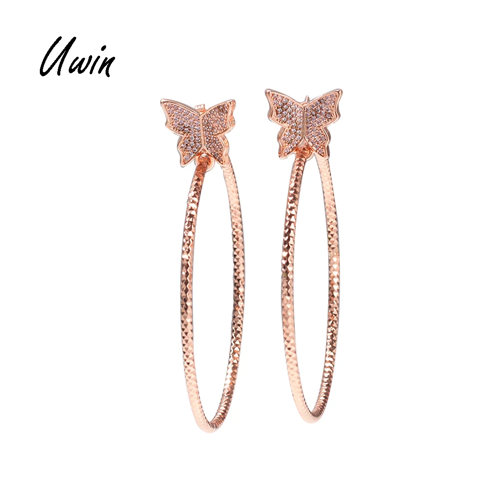 

NEW CZ Butterfly Hoop Earrings Women Rose Gold Color Female Rapper Jewelries