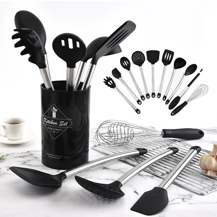 

10 piece black kitchen tools gadget silicone kitchen spatula stainless steel silicon utensils set with holder