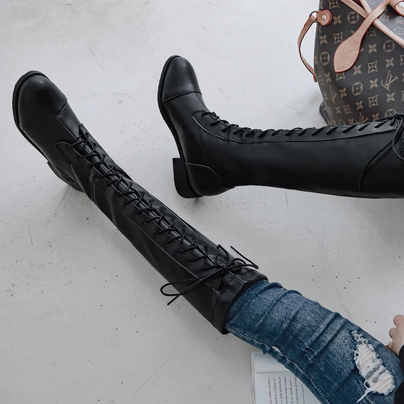 

Winter New Round Head Knee High Roman Lace-up Riding Chelsea Boots, Black/ecru