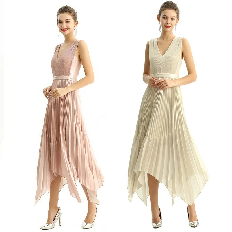 

D205 Summer Fall High Quality Fashion Elegant Asymmetric Strap Pleat Midi Long Women Party Formal Evening Casual Dress