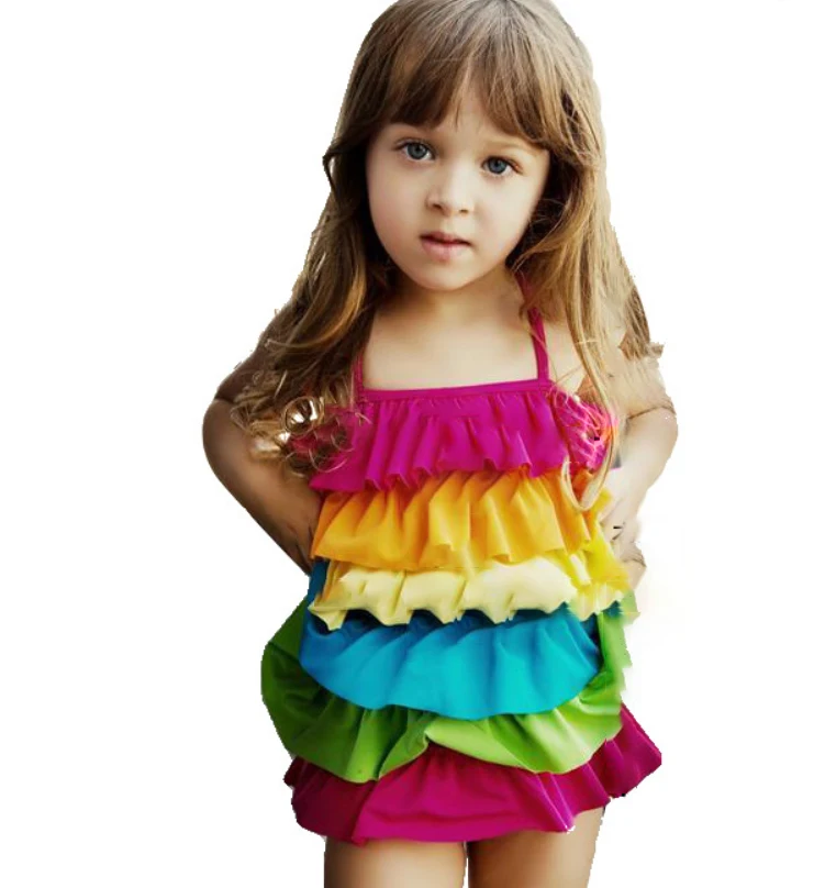 

New Baby and Toddler Girls One-Piece Swimwear Cute Rainbow Ruffle Swimsuits