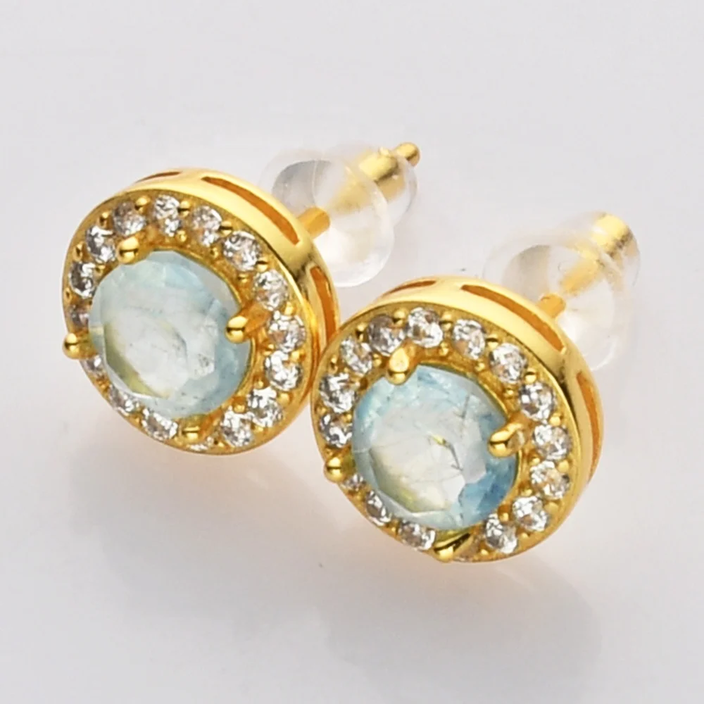 

MSS216 Round sterling silver rainbow moonstone Aquamarine statement fine jewelry earrings