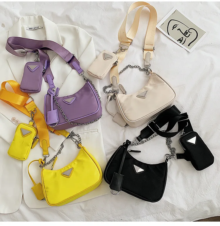 

Luxury Casual Wide Shoulder Strap Women Trendy Vintage Nylon Handbag Female Small Tote Bags Set Shoulder Bag With Phone bag, 4-color optional