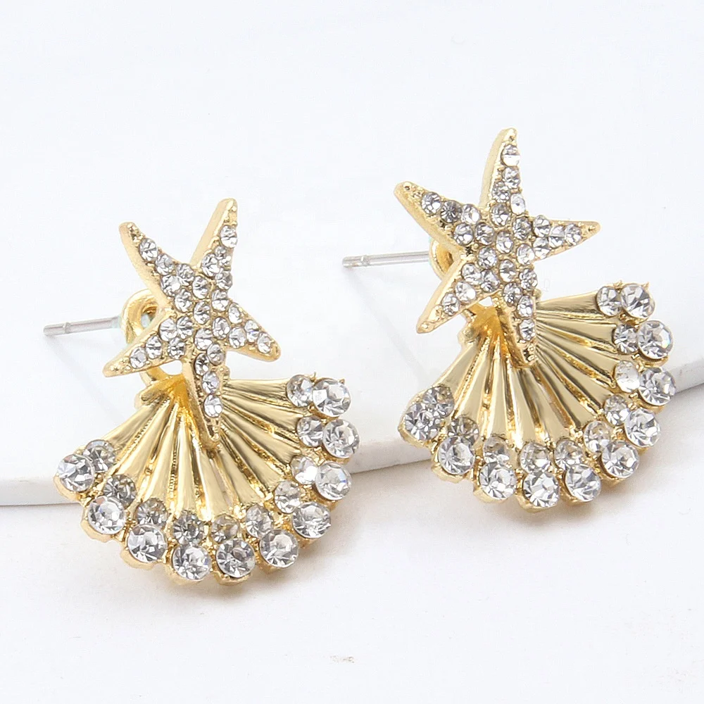 

Wholesale womens shell starfish shiny rhinestone gold plated alloy earrings jewelry