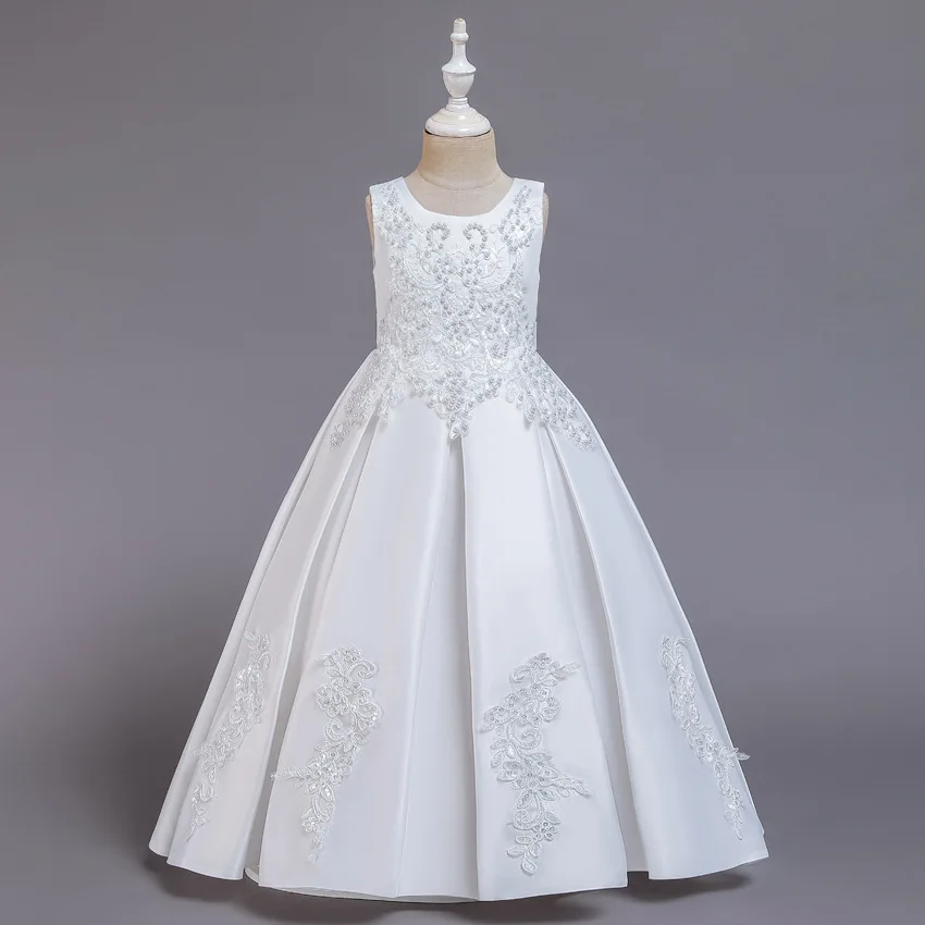 

Solid Color Satin Party Ball Gown Little Girl's Dresses For 12 Years Old 2055, White.pink.red,purple,green,blue