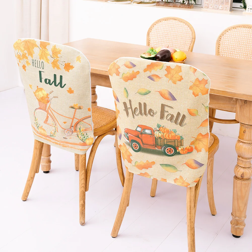 

Boutique chair cover decoration crafts fall thanksgiving pumpkin truck maple leaves chair cover, See the picture