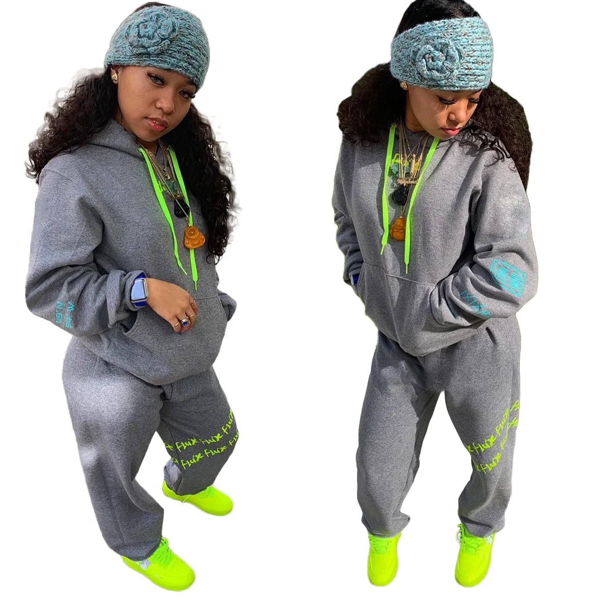 

New autumn and winter women's sweater printed long sleeve hooded suits, Gray
