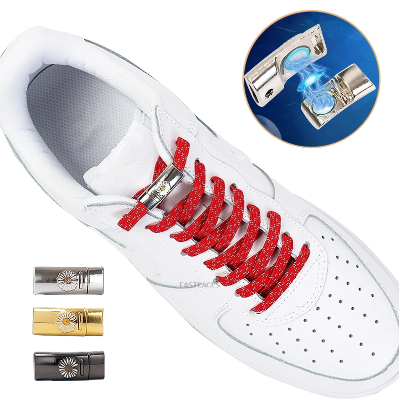 

Elastic Metal Chrysanthemum Lock Shoelaces Flat Magnetic Easy Shoelace Fast Sneaker Lazy Reflection shoelaces No Tie Shoe Laces