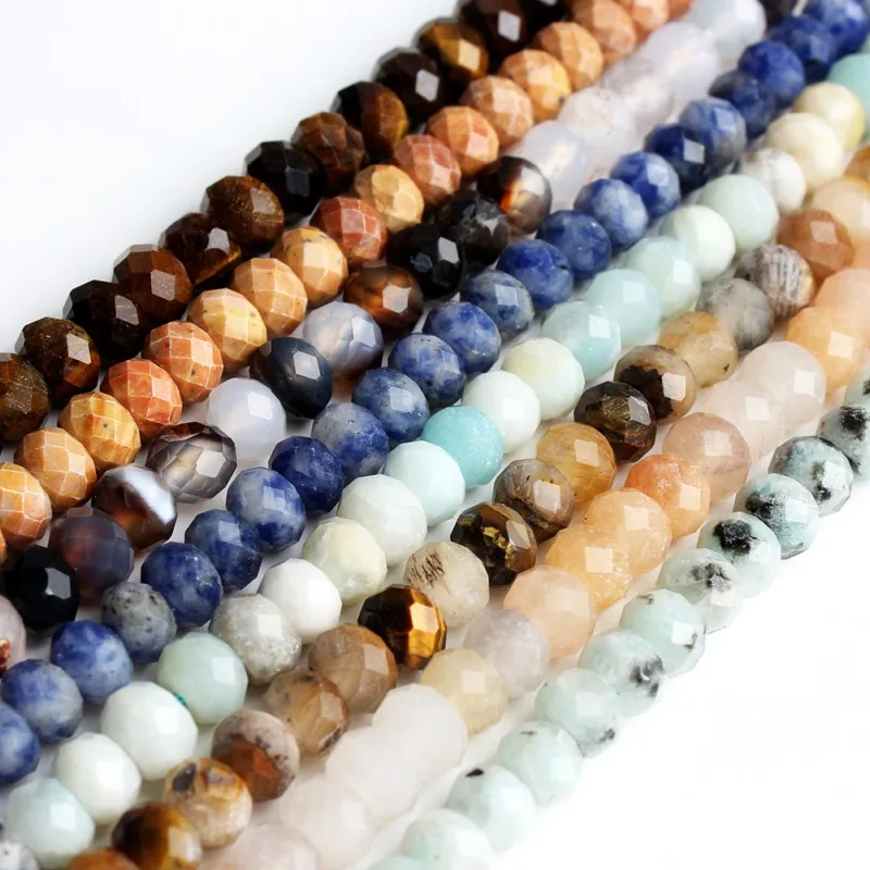 

Natural Rondelle Beads 4X6mm Faceted Agate/Yellow Tiger Eye/Amazonite Stone Beads for Jewelry Making DIY Bracelet