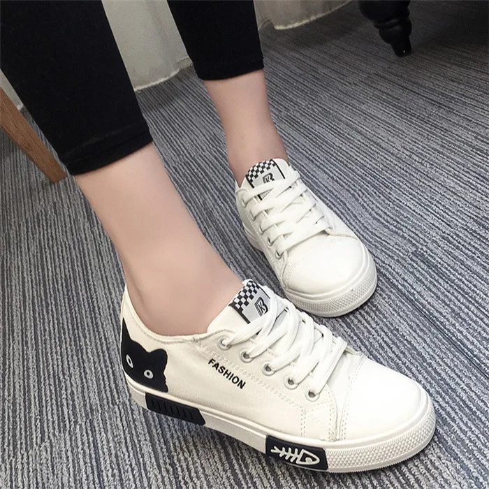 

Best-Selling Summer new canvas shoes flat lace-up cartoon white shoes girl students flat skateboard shoes, White, black, gray, pink