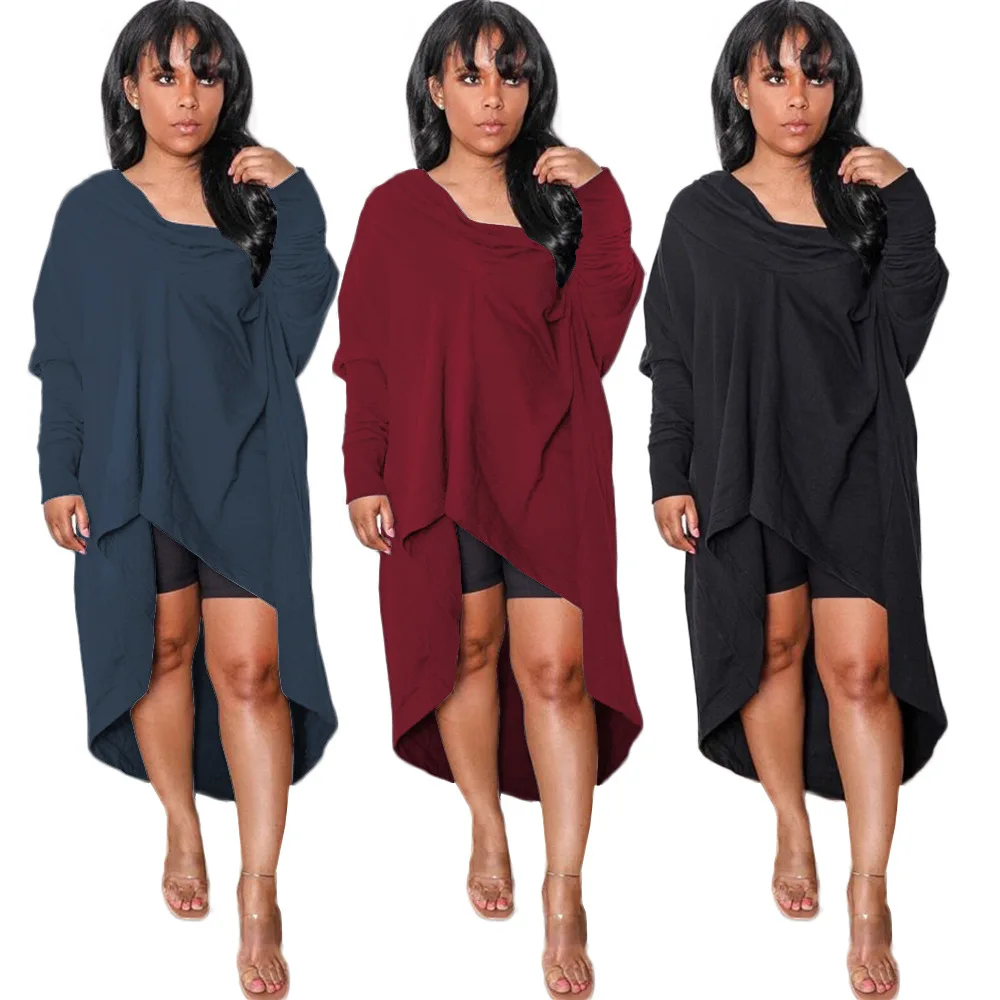 

Women O-Neck Solid Color Long Sleeve 2020 Autumn irregular Midi dress Casual Loose sexy night club dresses Cotton Plus Size, Picture color