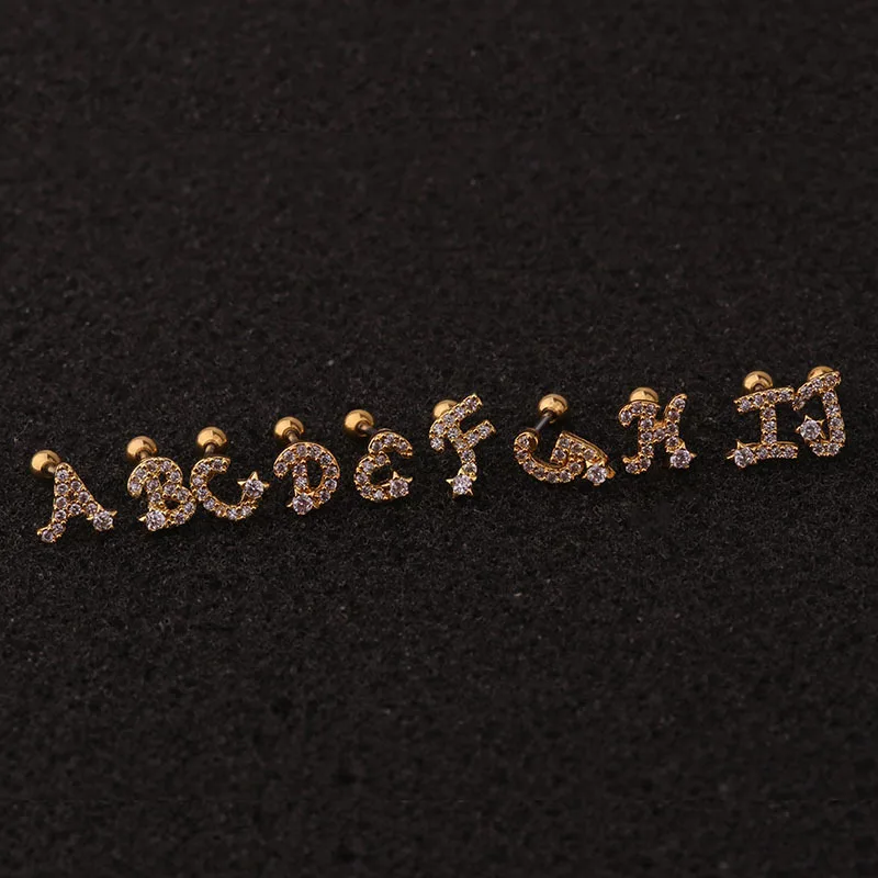 

Jachon New 26 English letter stud earrings micro-inlaid zircon screw earrings female stainless steel stud earrings, Picture