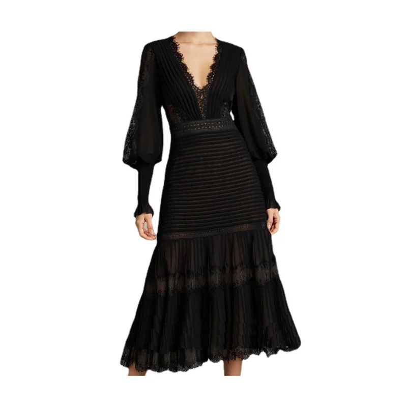 

2022 Women Clothes Long Casual Lace Evening Dress Loose Hollow Out Women's Long Sleeve Dresses, Black