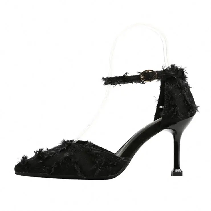 

New fashionable sexy pointed toe with hollow thin heel button women pumps, Black apricot