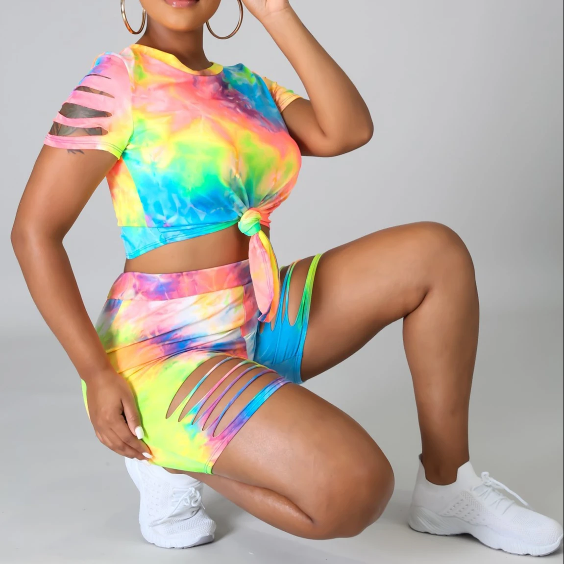 

New Tie Dyeing And Flower Burning Suit Fashion Casual Round Neck T-Shirt Two Piece Set