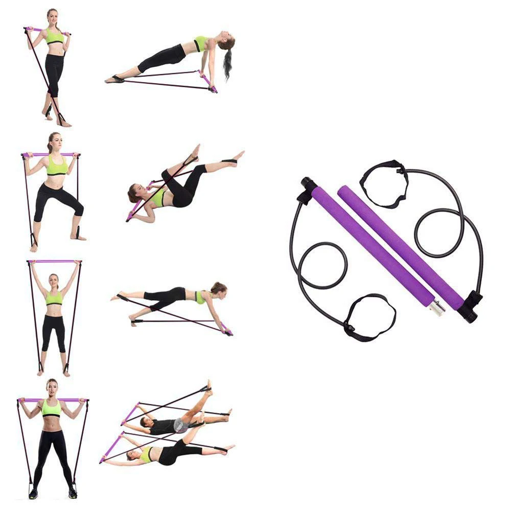 

Pilates Stick Bar with Resistance Bands Portable Fitness Pilates Bar Crossfit Bodybuilding Rubber Tube Bands Yoga Exercise Work, As photo