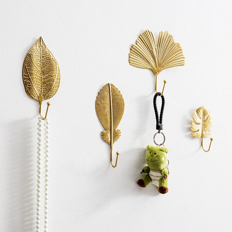 

Nordic Wall Hooks for Hanging Clothes No-punch Wall Hanger Coat Key Hook Iron Art Wall Decorations Golden Leaves home storage, Glod green