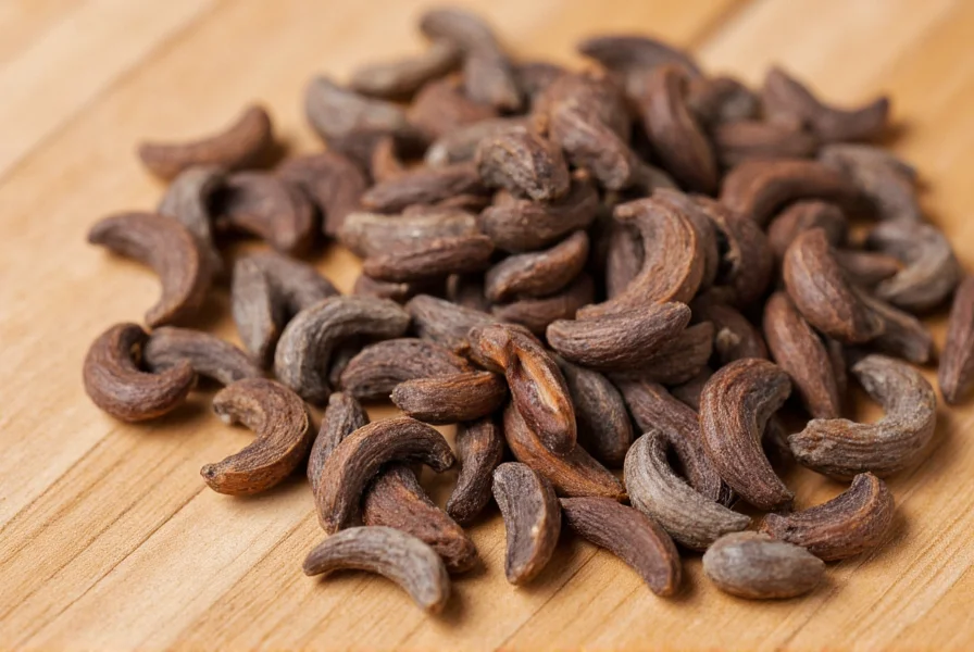 Close-up photograph of anise seeds on wooden background showing their distinctive crescent shape and grayish-brown color