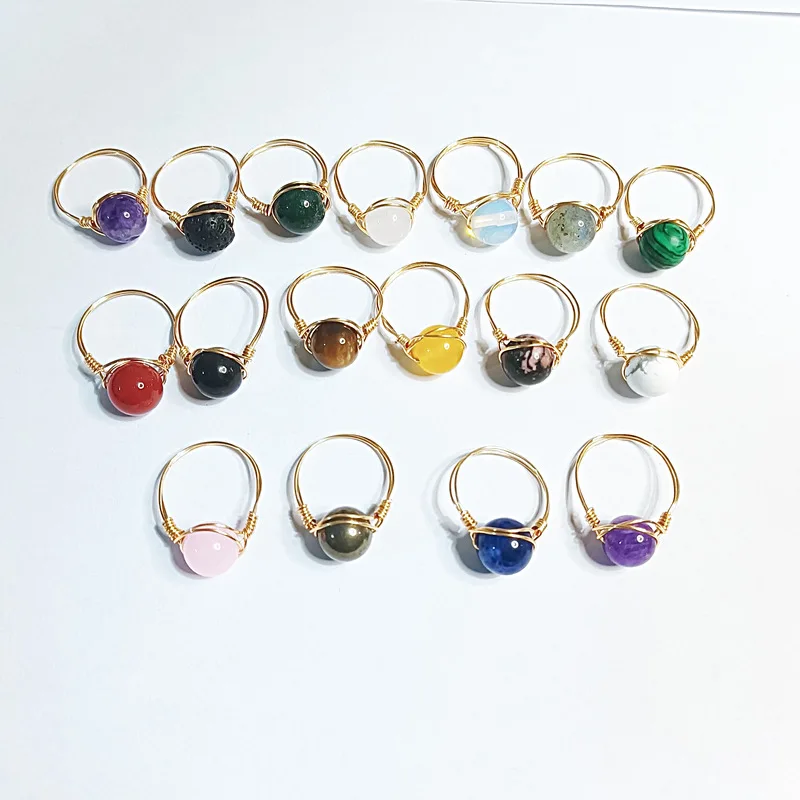 

Multi Color Natural Stone Crystal Ring Handmade Wire Wrapped Crystal Rings Reiki Healing Stone Natural Amethysts Agates Ring, As pic