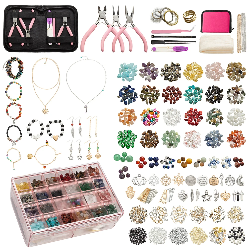 

24 colors of natural gemstone beads kit for ring necklace bracelet making kit for women with pink color 3 container box