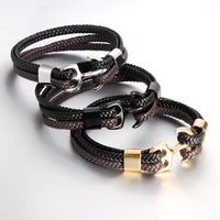 

High Quality Braided Leather Bracelet Handmade Double Leather Jewelry Anchor Bracelet Stainless Steel