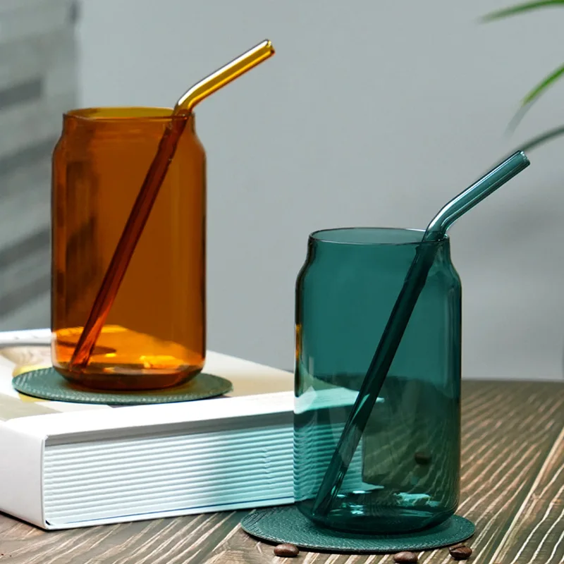 

wholesale modern style solid color straw mug green glass drink juice cup