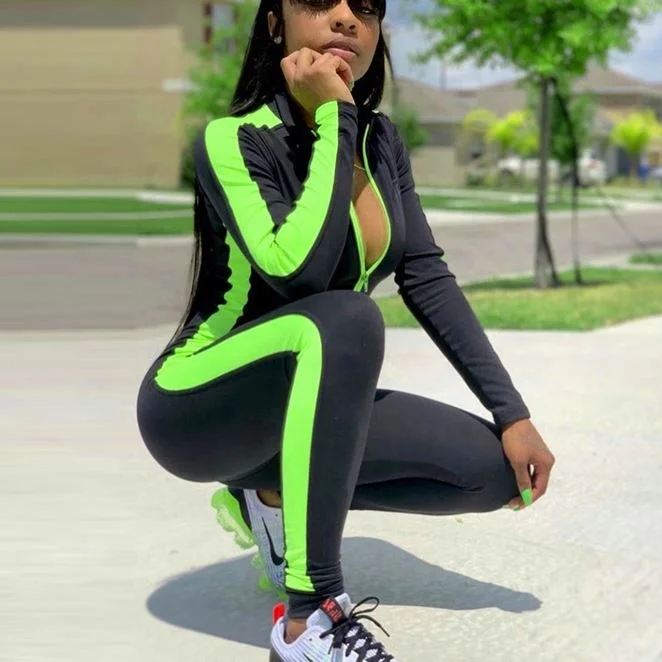 

X00872C long sleeve striped patchwork zippers jumpsuit 2019 autumn winter stretchy streetwear outfits body, Black