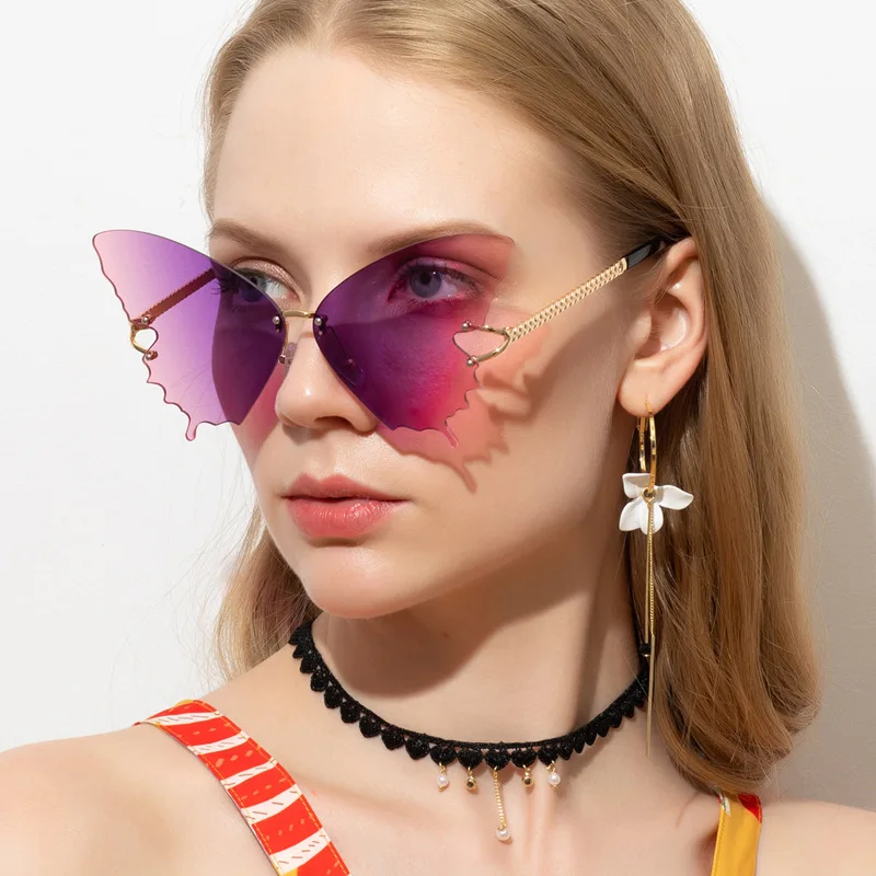

FuQian New Arrival 2021 Designer Rimless Gradient Trendy Glasses Butterfly Women Oversized Shades Sunglasses, Any colors is available