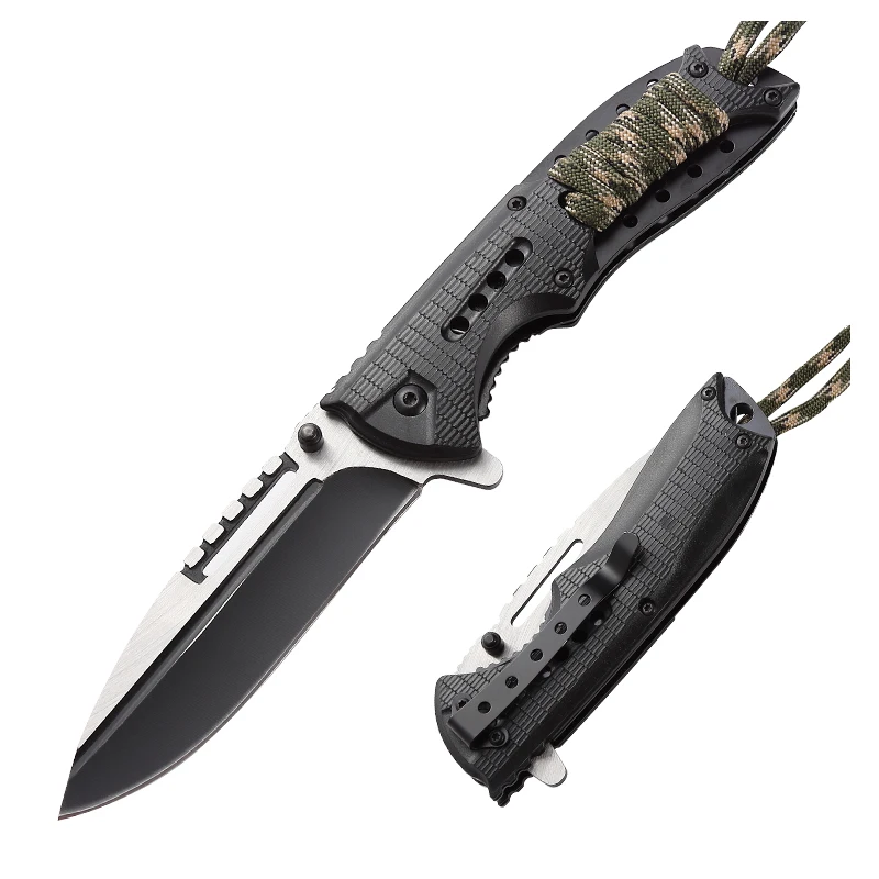 

Outdoor Camping Hunting Bushcraft EDC Knife Folding Tactical Survival Pocket Knife Black Steel Blade Plastic Handle with Rope