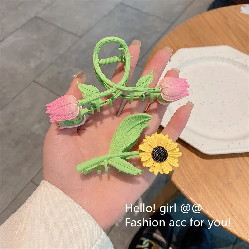 

INS Fashion Sunflower Claw Hair Custom Hair Claw Tulip Metal Hair Clips For Women