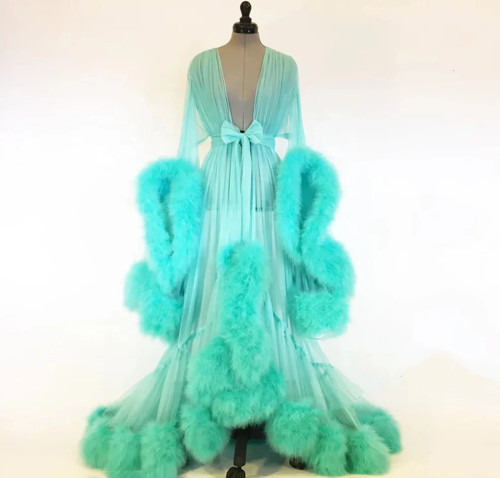 

SFY1440 sexy ladies fur trim long lace trim robe sexy lingerie