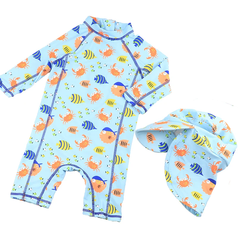 

Kids beach leisure sportswear, sun hat, boys and children, one-piece swimsuit, swimming trunks, quick-drying, pattern: crab