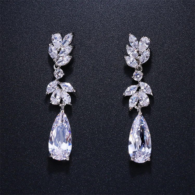 

Wholesale Long Tassel 3 Colors Leaf Earrings Cubic Zircon Water Drop Earrings Women Wedding Prom Jewelry Gift, Silver/gold/rose gold