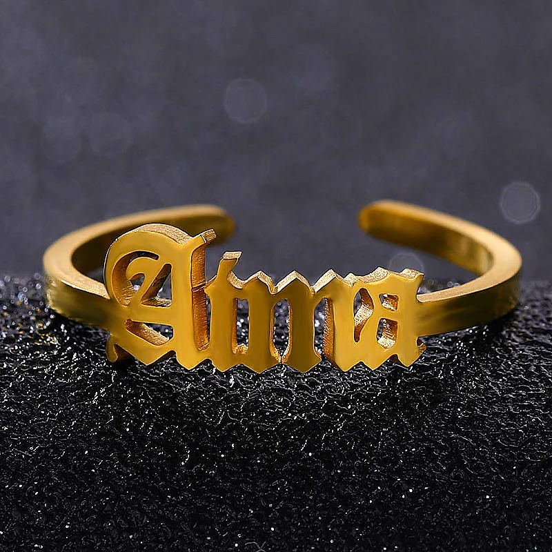 

2021 Custom Name Personalized Ring Old English Adjustable Size Stainless Steel Unique Jewelry Wedding Rings For Women Girl Gifts
