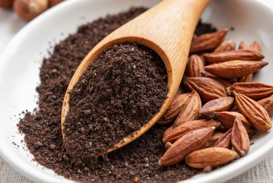 Nigella seeds and black cardamom pods arranged with traditional Middle Eastern cooking utensils