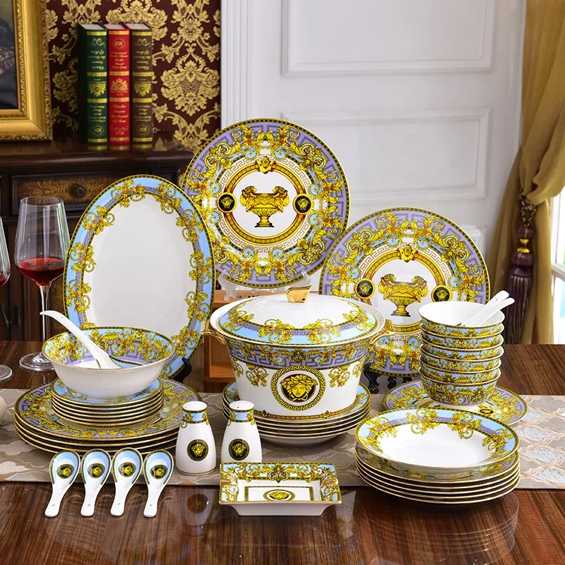 

Home Luxury 58pcs Dinner Set Ceramic Flatware Custom Royal Wedding Plates Fine Bone China Tableware Set, As the photos