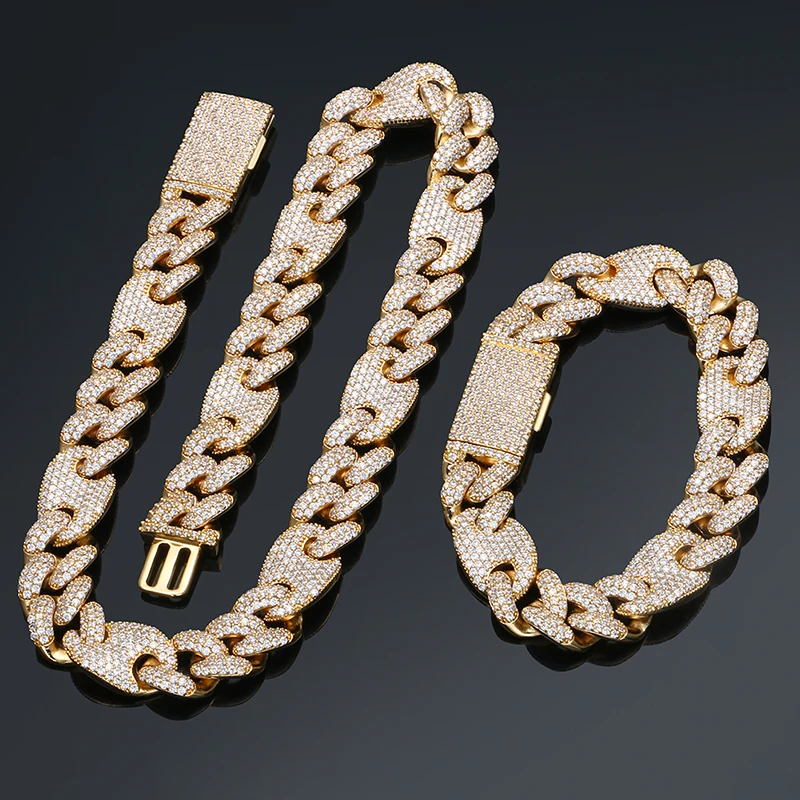 

Iced Out Cuban Full Of Crystal Necklace Bracelet Set Rock Style Luxury Men Hip Hop Jewelry Top Quality With Gift Box Dropshiping, Silver gold