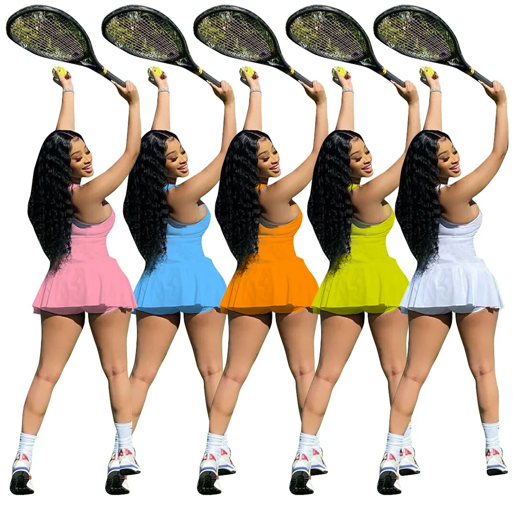 

XS-2XL Bodycon Summer One Piece Culottes Dress 2021 Women Sportswear Tennis Dresses Skorts Jumpsuit Woman Clothing