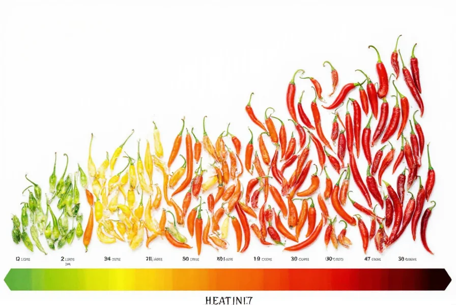 Visual representation of chili pepper varieties arranged by Scoville heat units from mildest to hottest with corresponding color spectrum