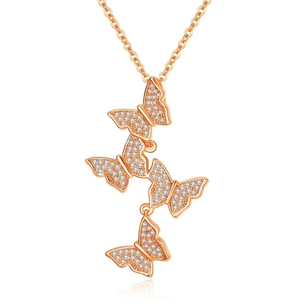 

Fashion Rose Gold Plated Four Butterfly Necklace Crystal Cute Animal Necklace Luxury Woman Necklace